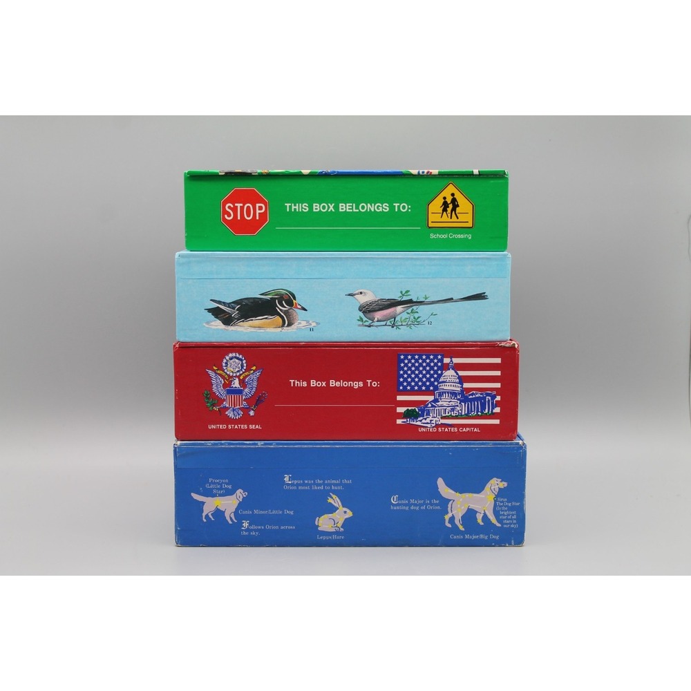 Vintage General Box Company Nesting Pencil Boxes Set of 4 USA Birds Maps Stars